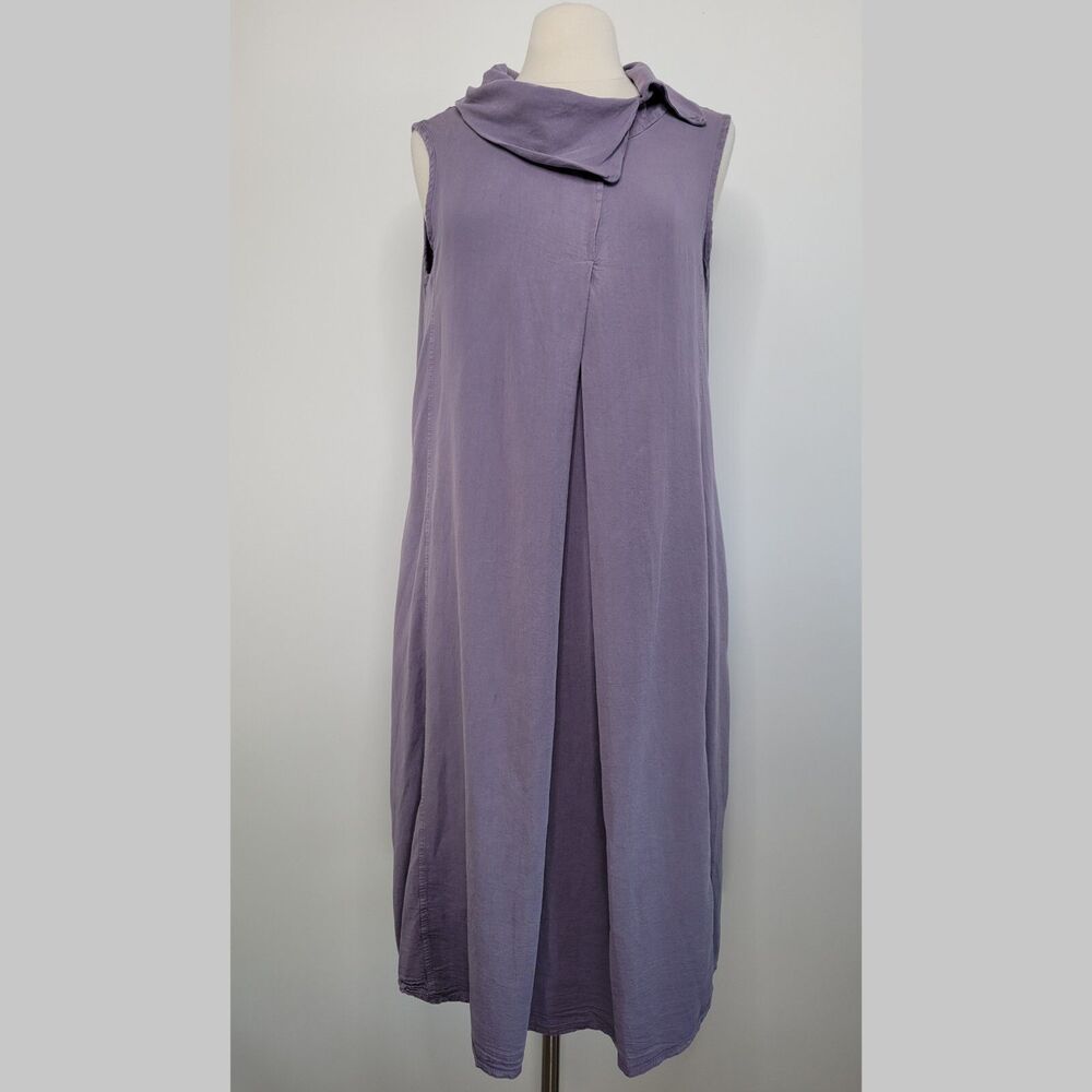 LUUKAA Dusty Purple Midi Shift Dress Size 12 Sleeveless Cowl Neck Pockets Pleat